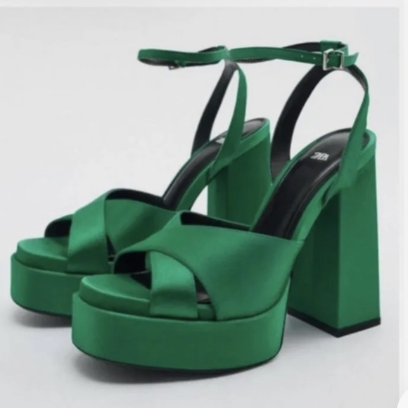 Zara Shoes - Green Emerald Satin Platform Chunk Heel Zara